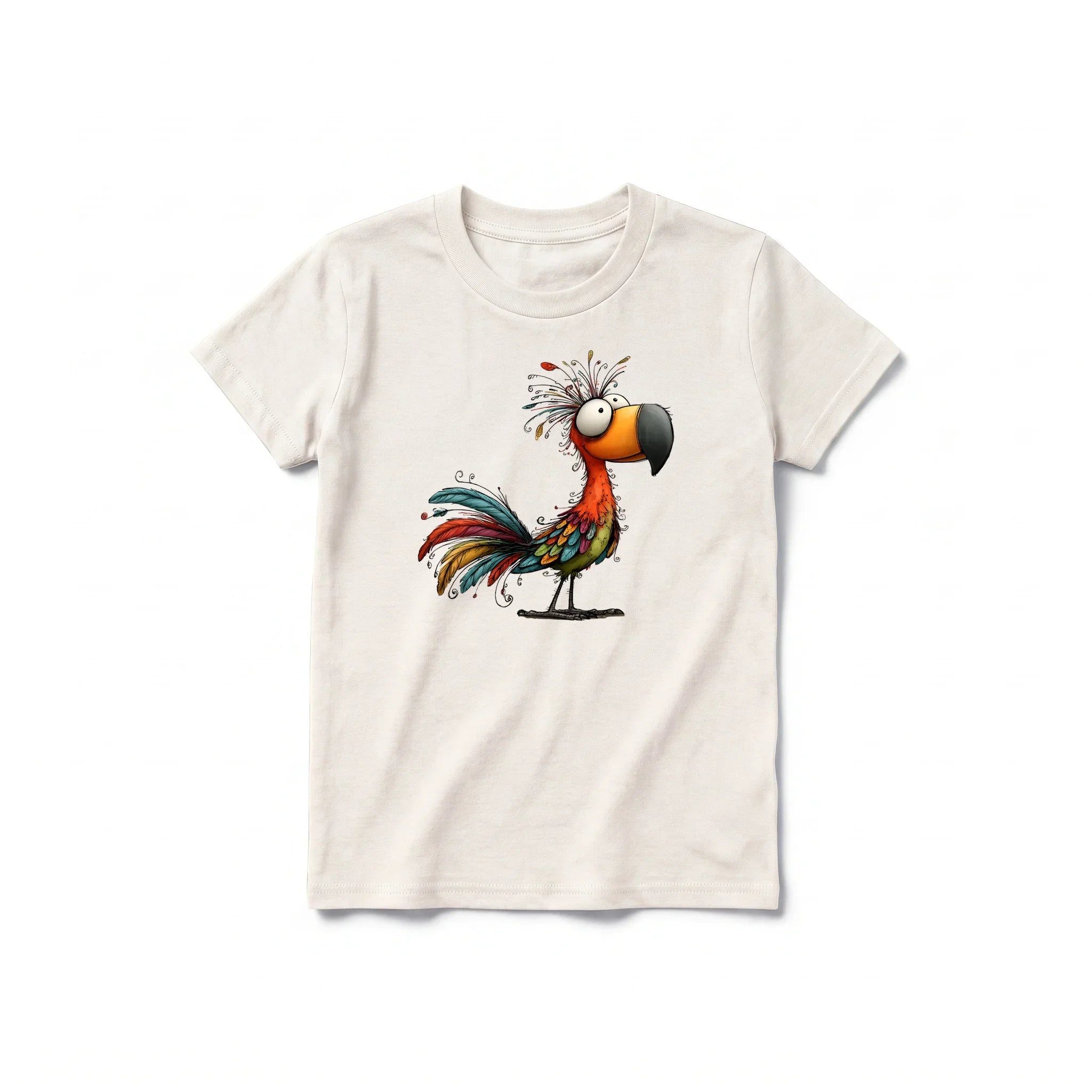 A vintage-white short-sleeve crewneck t-shirt for youth featuring a graphic of a quirky bird on the front.
