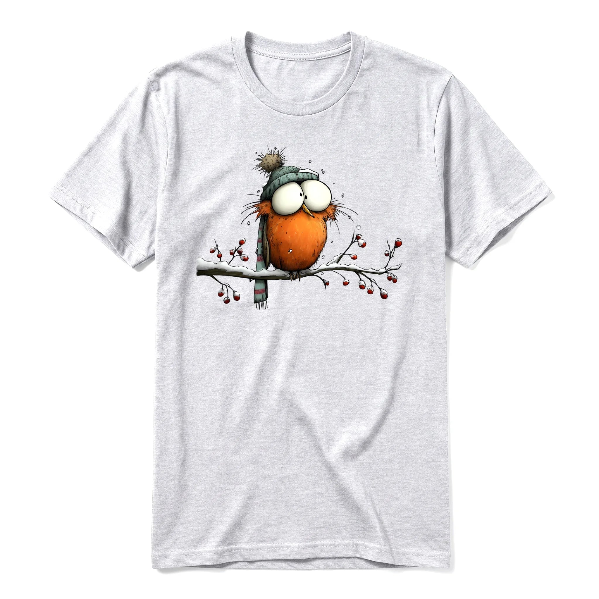 A ash grey short-sleeve crewneck t-shirt for adult featuring a graphic of a quirky bird on the front.