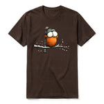 A chocolate short-sleeve crewneck t-shirt for adult featuring a graphic of a quirky bird on the front.
