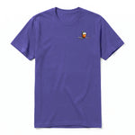 A purple short-sleeve crewneck t-shirt for adult featuring a graphic of a quirky bird on the left chest.