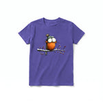 A purple short-sleeve crewneck t-shirt for youth featuring a graphic of a quirky bird on the front.
