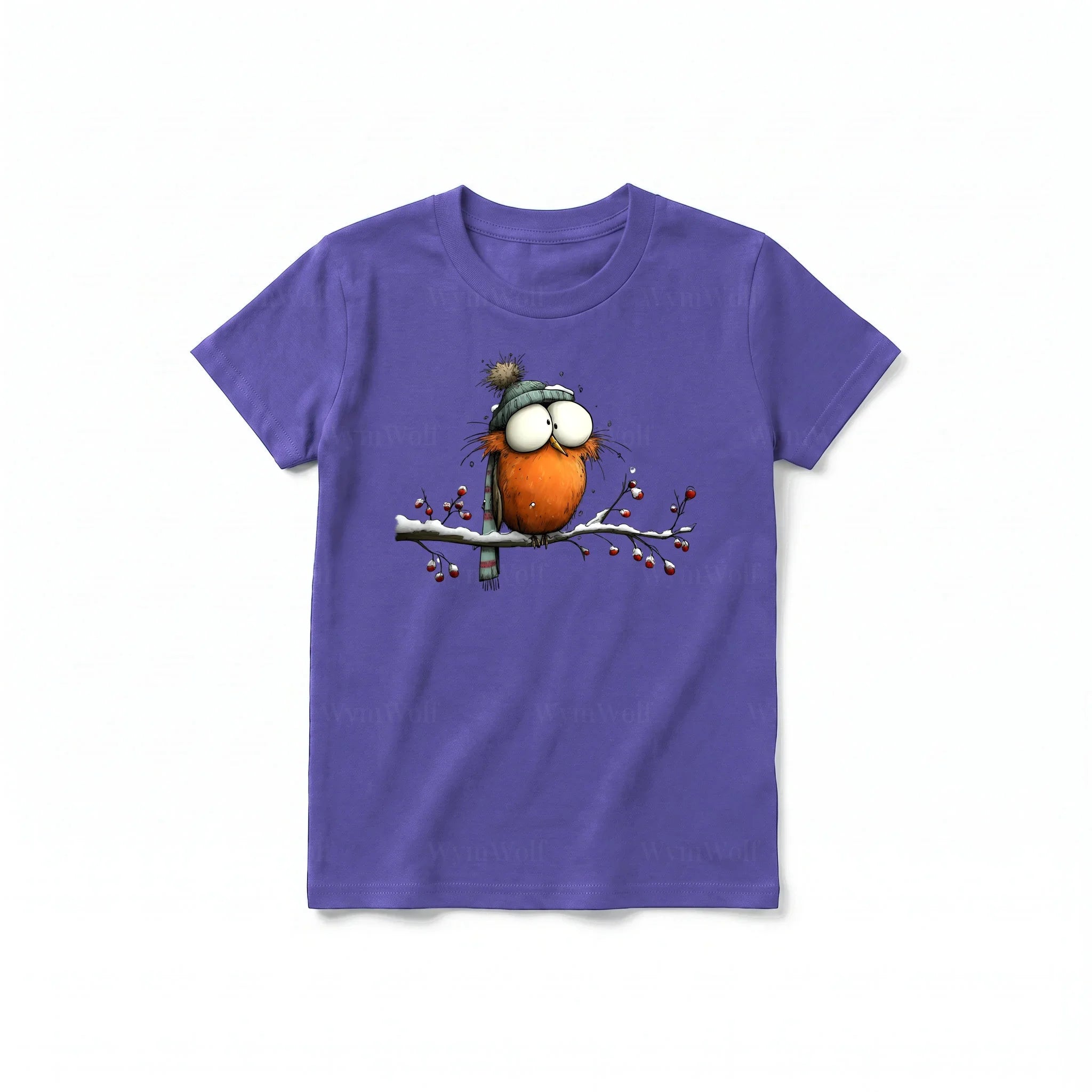 A purple short-sleeve crewneck t-shirt for youth featuring a graphic of a quirky bird on the front.