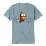 A sage short-sleeve crewneck t-shirt for adult featuring a graphic of a quirky bird on the front.