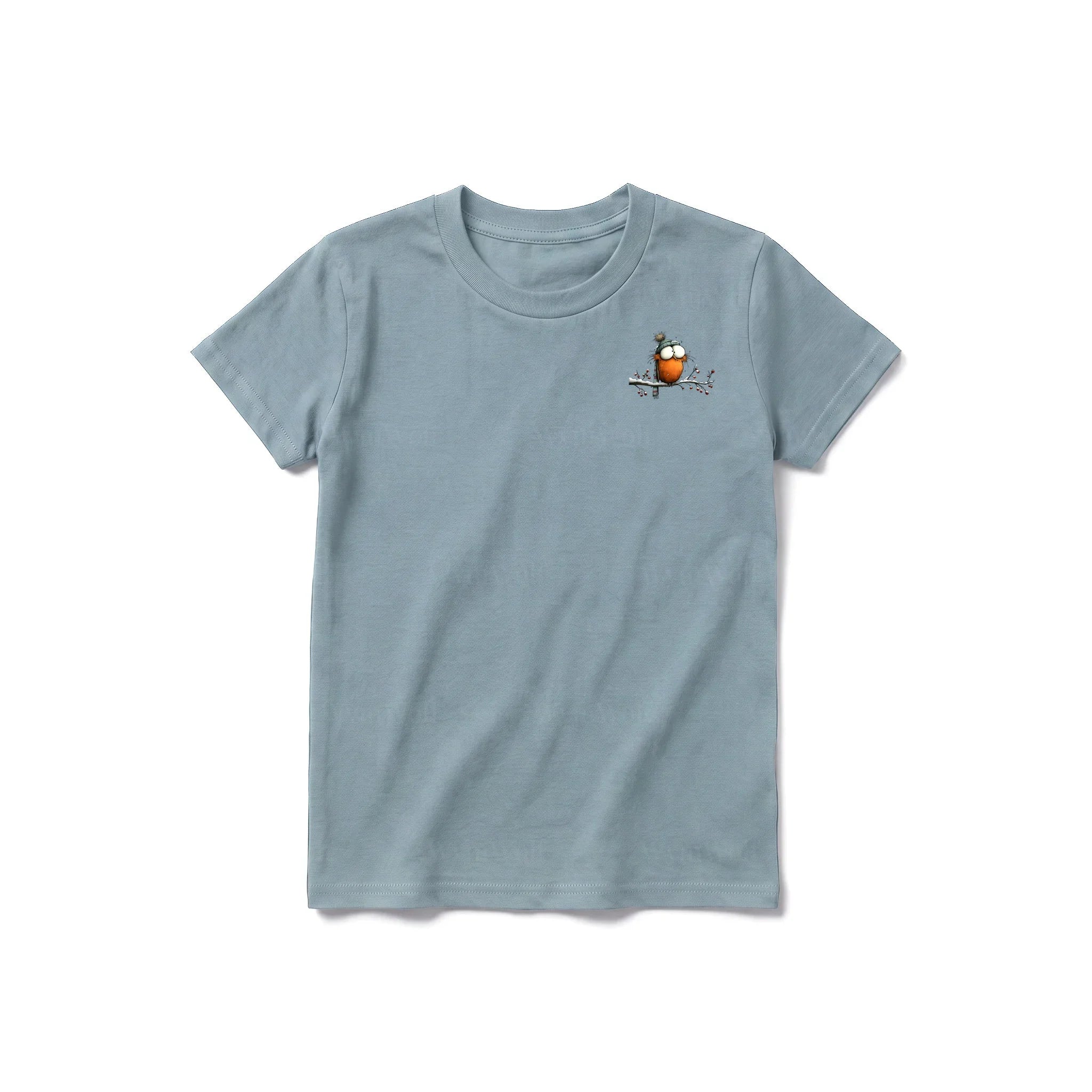 A sage short-sleeve crewneck t-shirt for youth featuring a graphic of a quirky bird on the left chest.