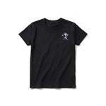 A black short-sleeve crewneck t-shirt for youth featuring a graphic of a wildlife animal on the left chest.