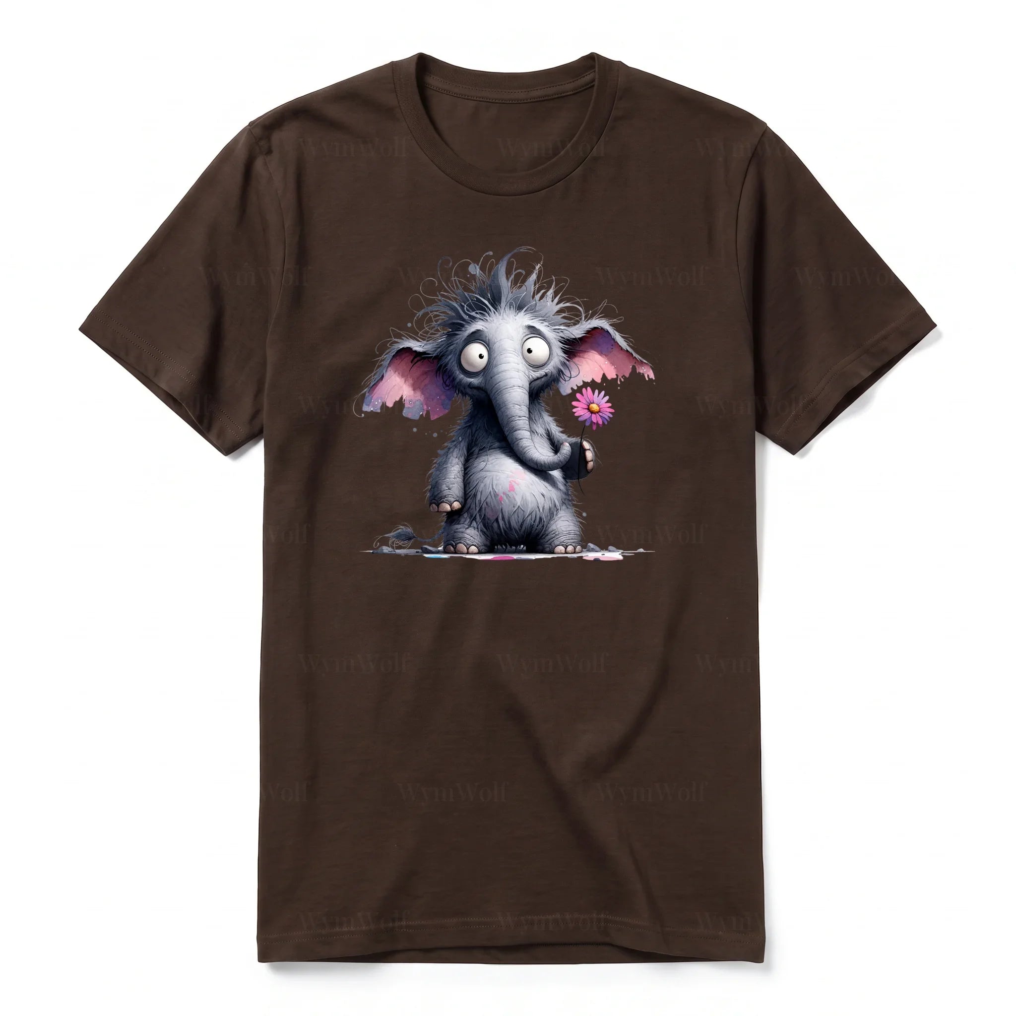 A chocolate short-sleeve crewneck t-shirt for adult featuring a graphic of a wildlife animal on the front.