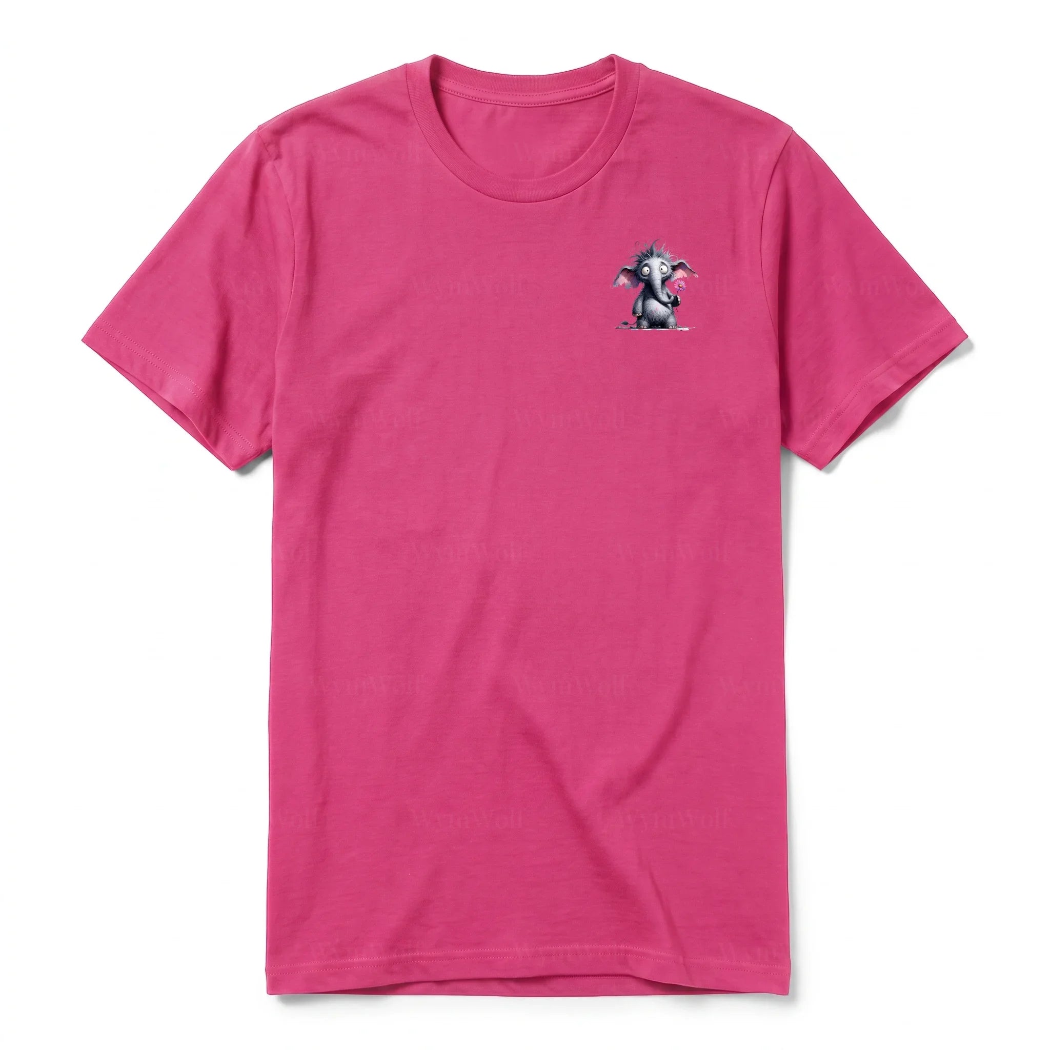 A raspberry short-sleeve crewneck t-shirt for adult featuring a graphic of a wildlife animal on the left chest.