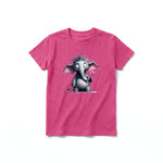 A raspberry short-sleeve crewneck t-shirt for youth featuring a graphic of a wildlife animal on the front.