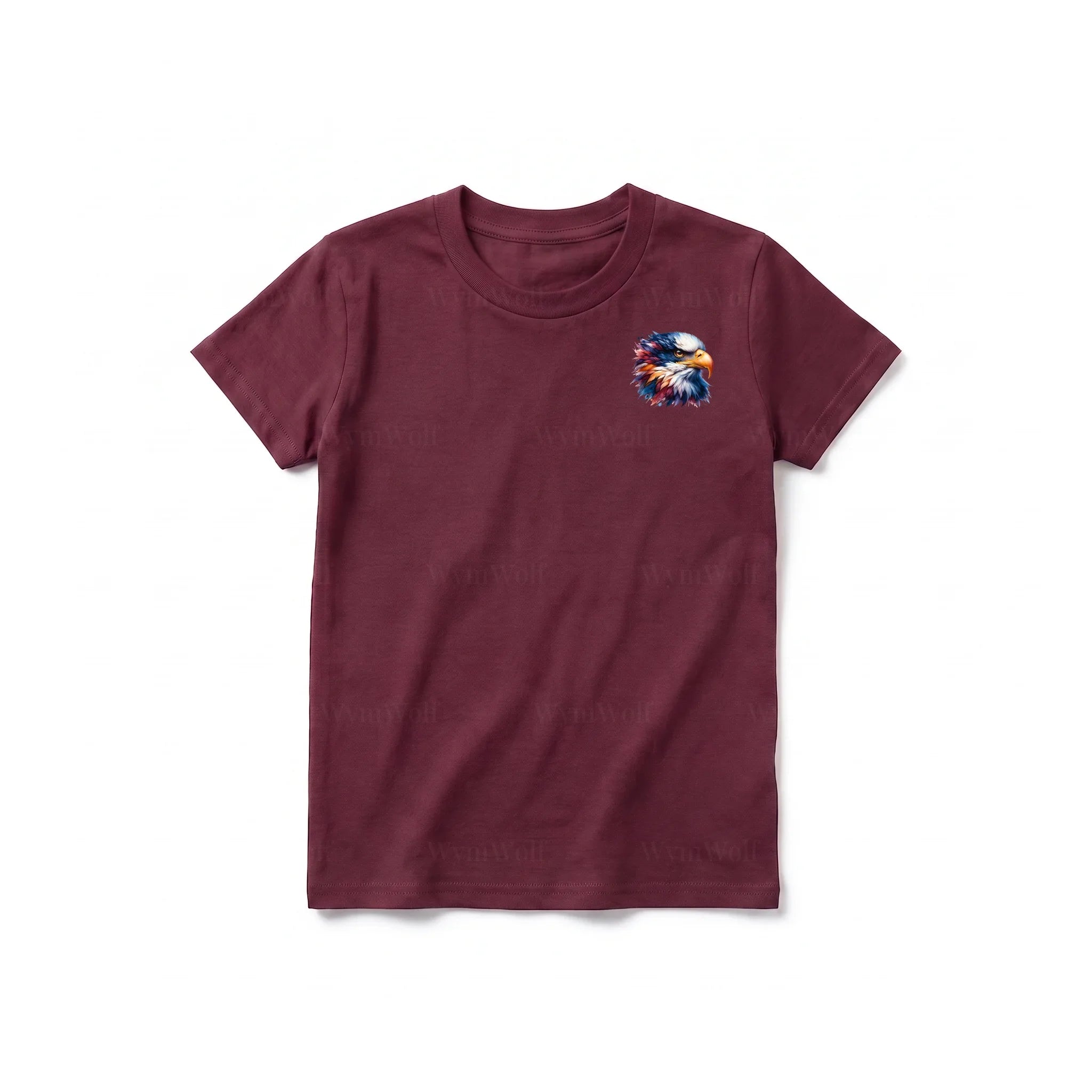 A maroon short-sleeve crewneck t-shirt for youth featuring a graphic of a wildlife animal on the left chest.