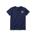 A navy short-sleeve crewneck t-shirt for youth featuring a graphic of a wildlife animal on the left chest.