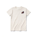 Un T-shirt blanc vintage à manches courtes et col rond pour jeune, orné d'un motif représentant un animal de la faune sur la poitrine gauche.