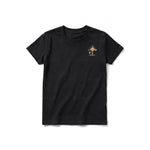 A black short-sleeve crewneck t-shirt for youth featuring a graphic of a wildlife animal on the left chest.