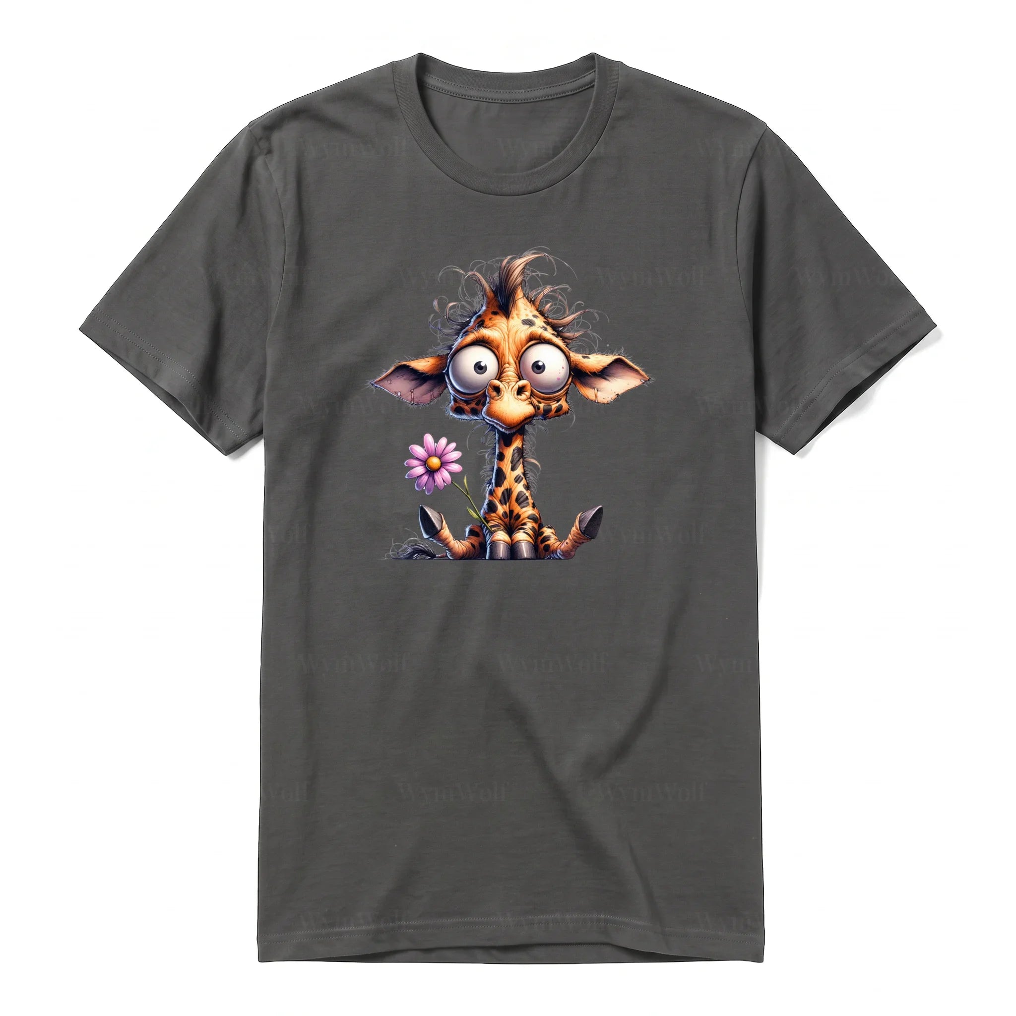 A charcoal short-sleeve crewneck t-shirt for adult featuring a graphic of a wildlife animal on the front.