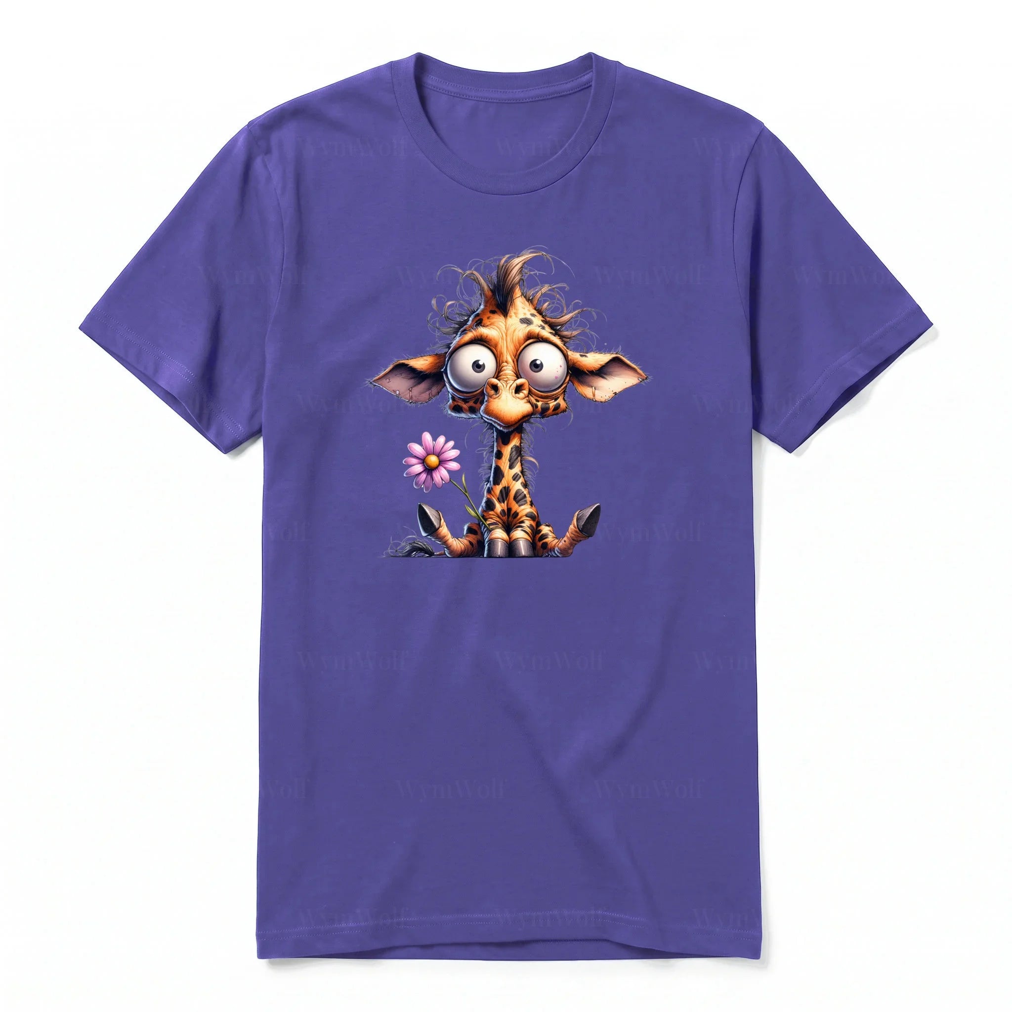 A purple short-sleeve crewneck t-shirt for adult featuring a graphic of a wildlife animal on the front.