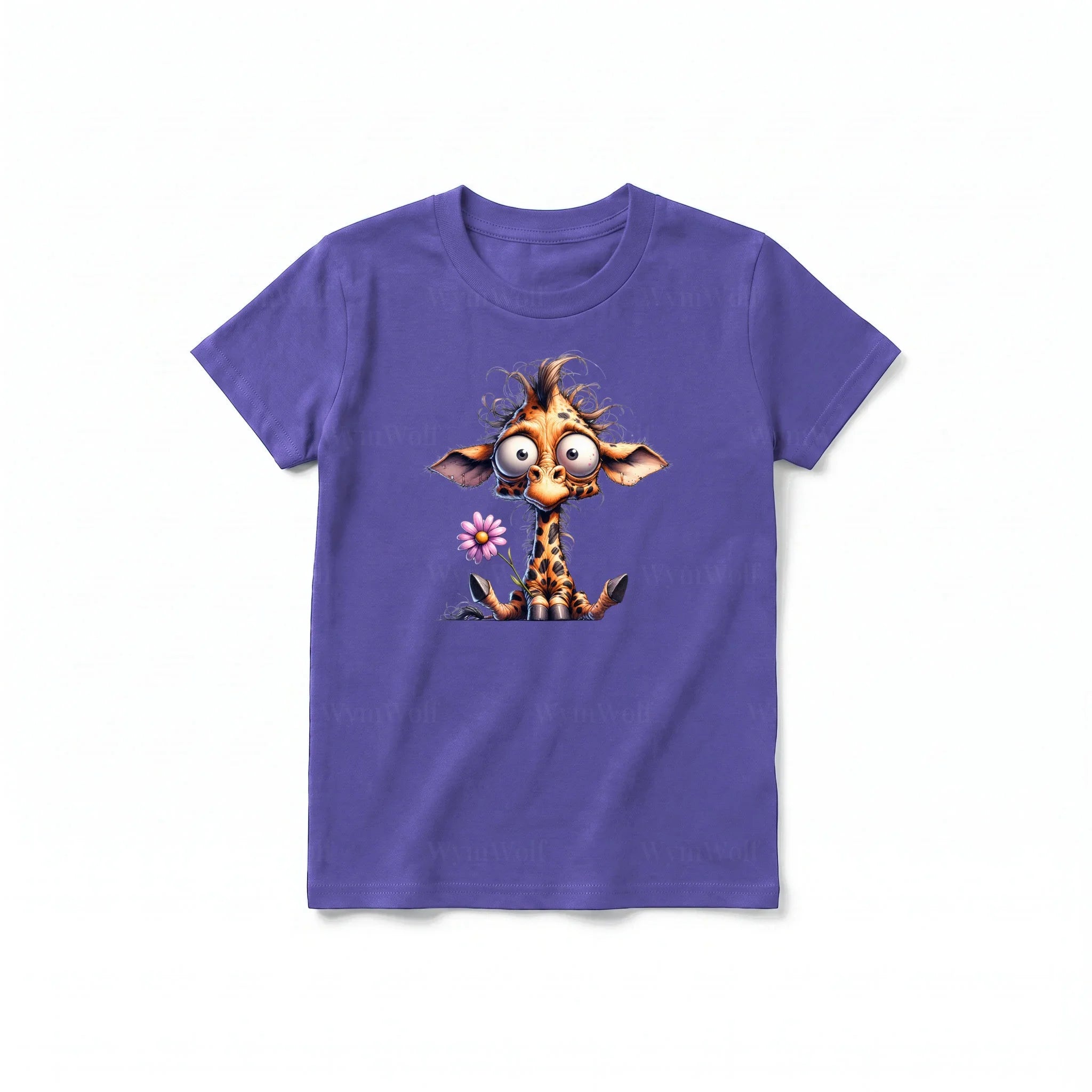 A purple short-sleeve crewneck t-shirt for youth featuring a graphic of a wildlife animal on the front.