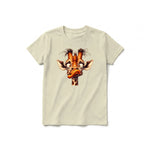 Un T-shirt latte à manches courtes et col rond pour jeune, orné d'un motif représentant un animal de la faune sur le devant.