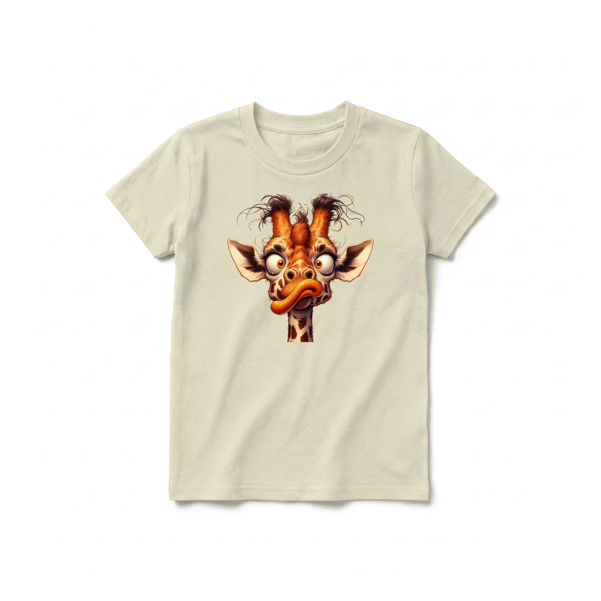 Un T-shirt latte à manches courtes et col rond pour jeune, orné d'un motif représentant un animal de la faune sur le devant.