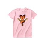 Un T-shirt rose à manches courtes et col rond pour jeune, orné d'un motif représentant un animal de la faune sur le devant.