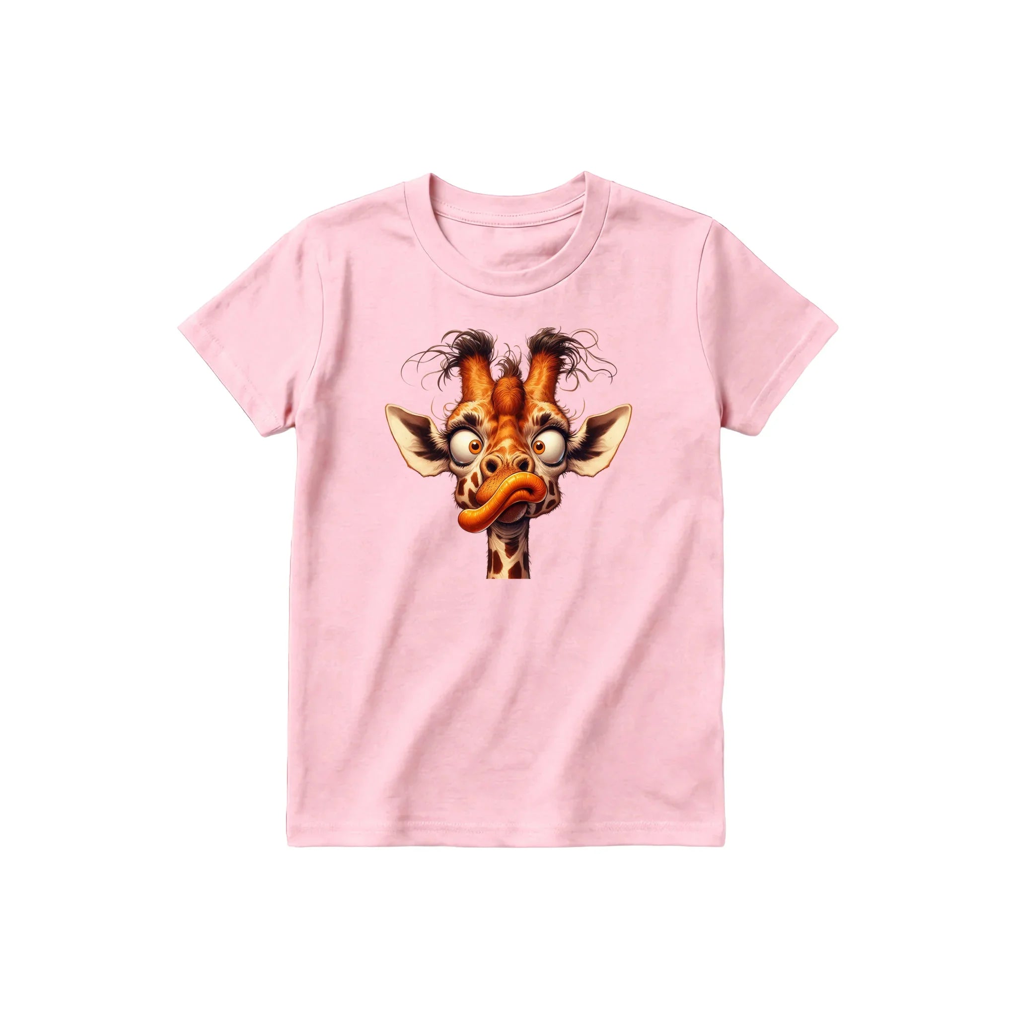 Un T-shirt rose à manches courtes et col rond pour jeune, orné d'un motif représentant un animal de la faune sur le devant.