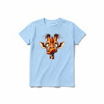 Un T-shirt poudre à manches courtes et col rond pour jeune, orné d'un motif représentant un animal de la faune sur le devant.