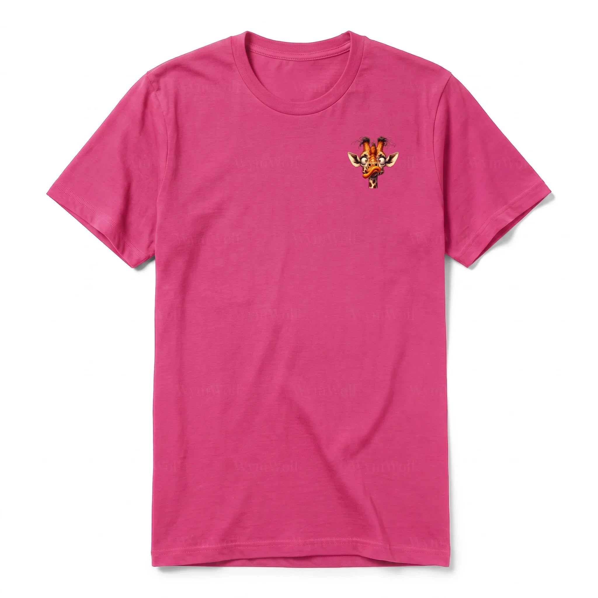 A raspberry short-sleeve crewneck t-shirt for adult featuring a graphic of a wildlife animal on the left chest.