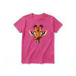 A raspberry short-sleeve crewneck t-shirt for youth featuring a graphic of a wildlife animal on the front.