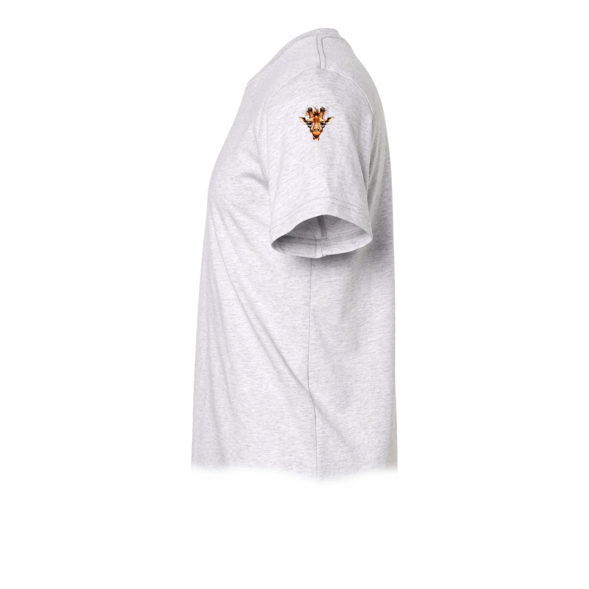 Un T-shirt gris cendré à manches courtes et col rond, orné d'un motif représentant un animal de la faune sur le haut de la manche gauche.
