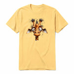 A mustard short-sleeve crewneck t-shirt for adult featuring a graphic of a wildlife animal on the front.
