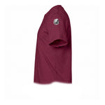 A maroon short-sleeve crewneck t-shirt  featuring a small graphic of a wildlife animal on the upper left sleeve.