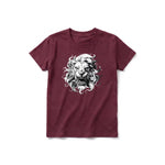 A maroon short-sleeve crewneck t-shirt for youth featuring a graphic of a wildlife animal on the front.