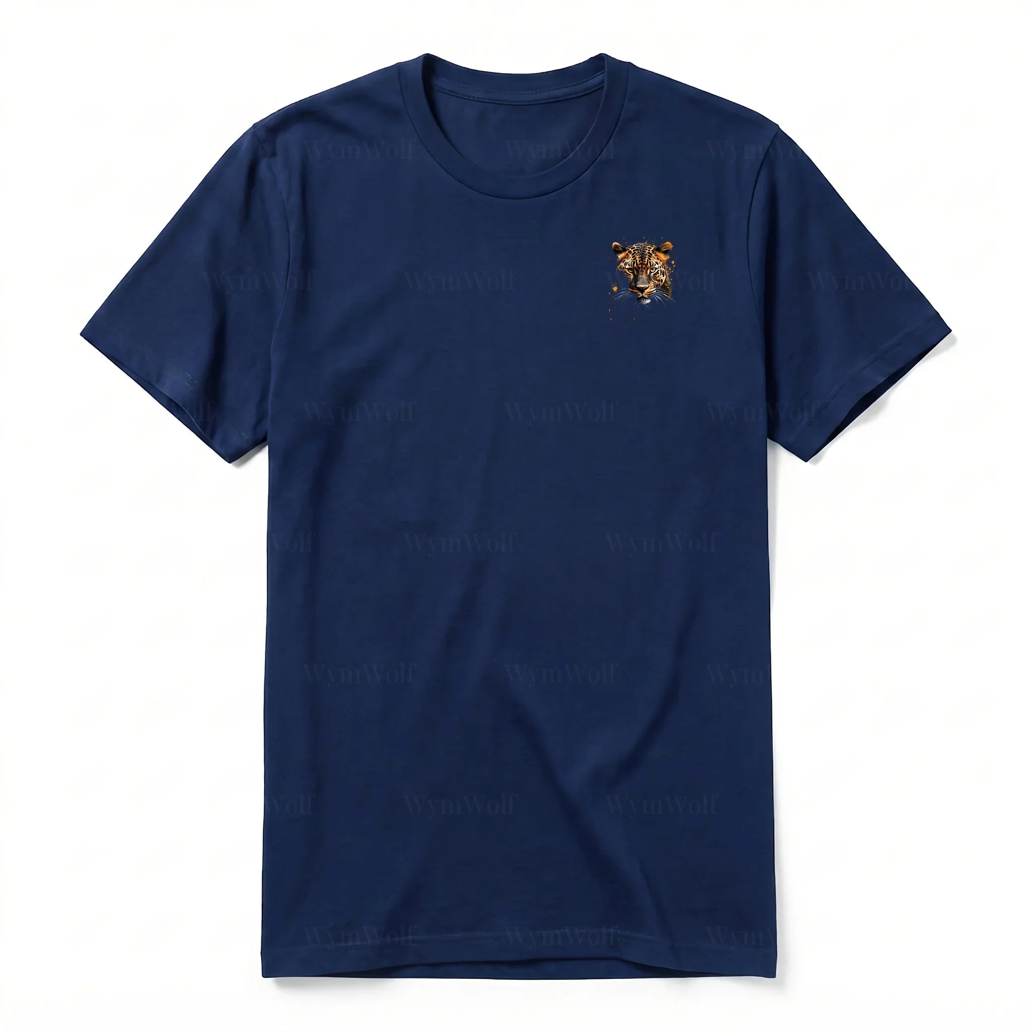 A navy short-sleeve crewneck t-shirt for adult featuring a graphic of a wildlife animal on the left chest.