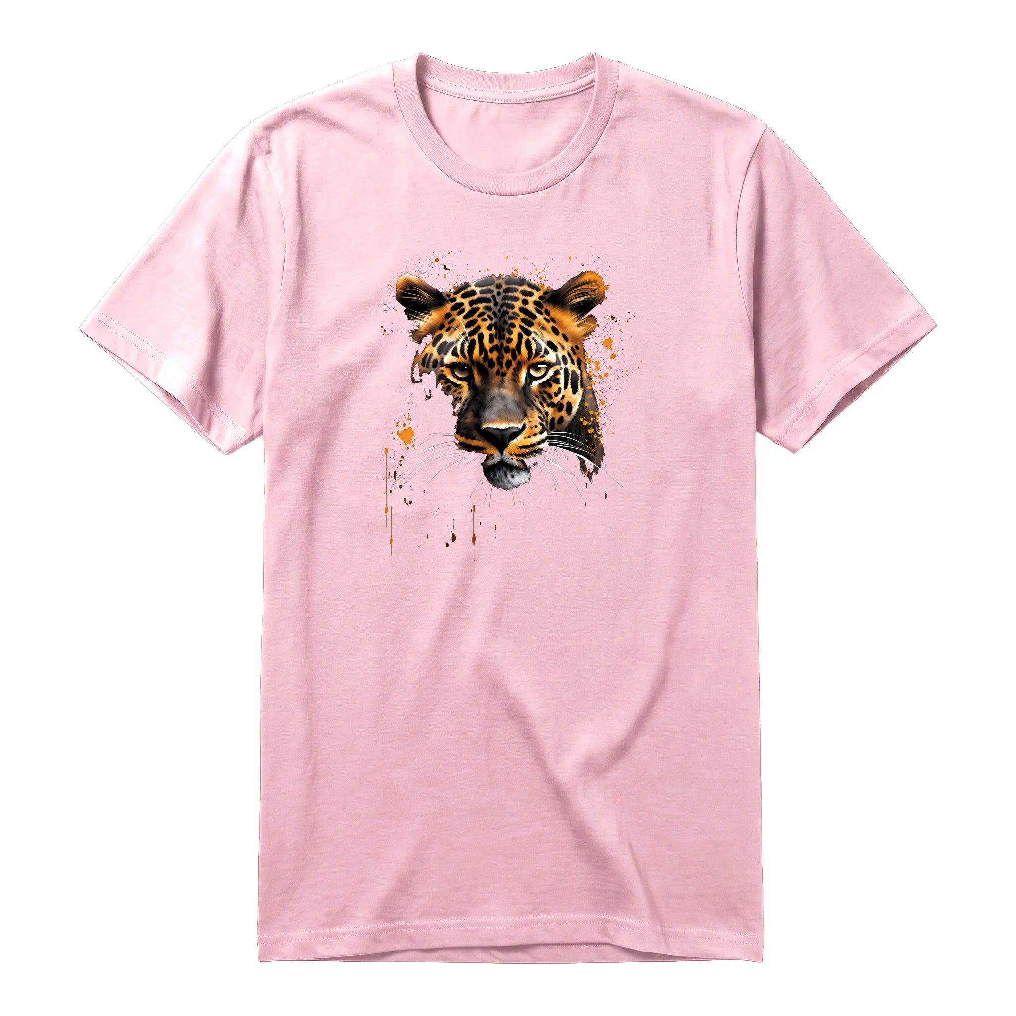 A pink short-sleeve crewneck t-shirt for adult featuring a graphic of a wildlife animal on the front.