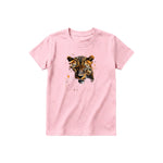 A pink short-sleeve crewneck t-shirt for youth featuring a graphic of a wildlife animal on the front.