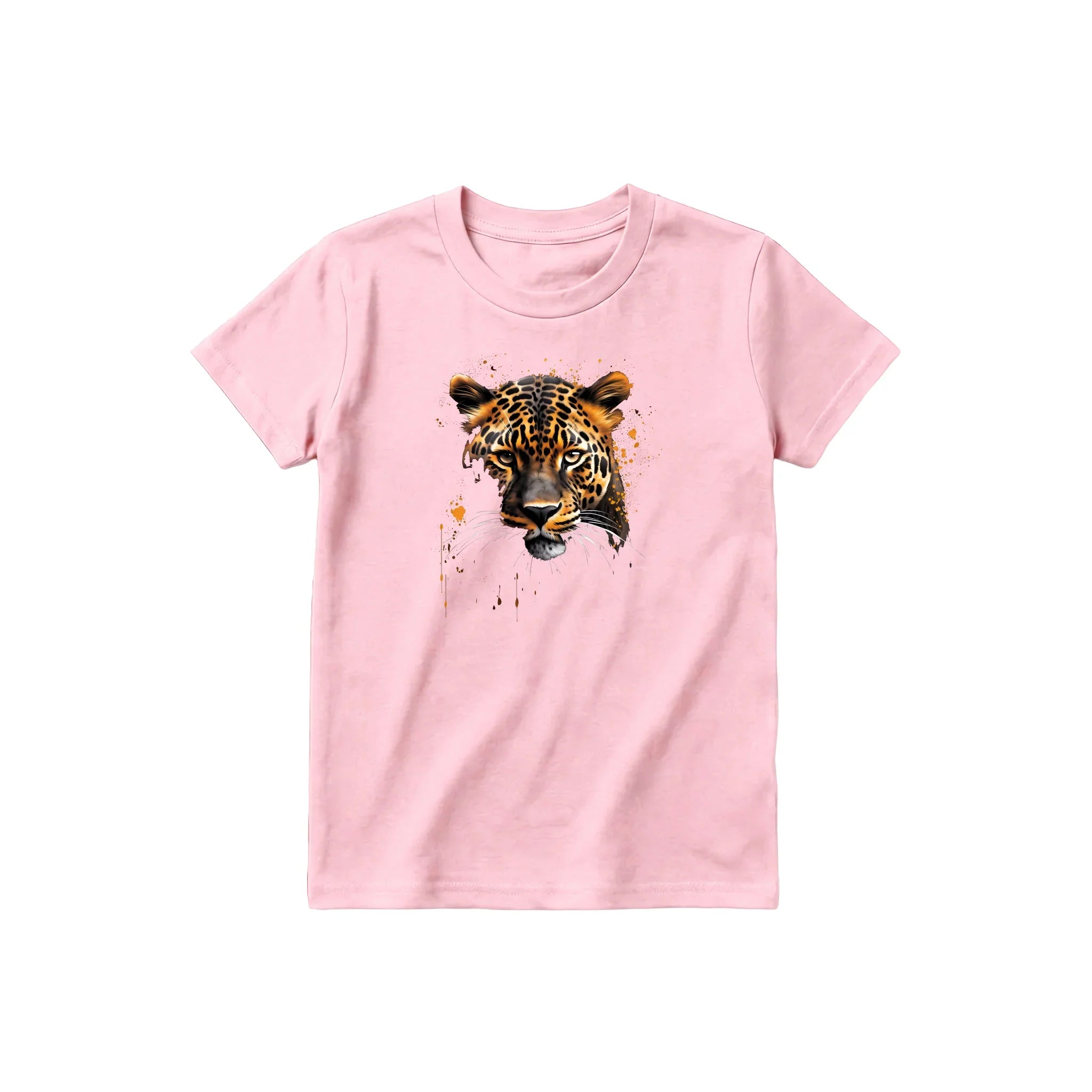 A pink short-sleeve crewneck t-shirt for youth featuring a graphic of a wildlife animal on the front.