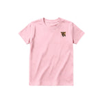 A pink short-sleeve crewneck t-shirt for youth featuring a graphic of a wildlife animal on the left chest.