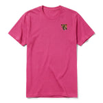 A raspberry short-sleeve crewneck t-shirt for adult featuring a graphic of a wildlife animal on the left chest.