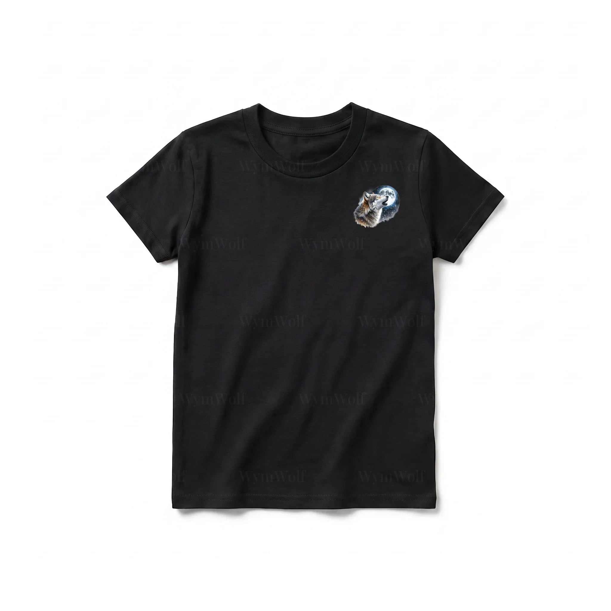 Un T-shirt noir à manches courtes et col rond pour jeune, orné d'un motif représentant un animal de la faune sur la poitrine gauche.