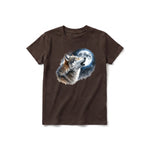A chocolate short-sleeve crewneck t-shirt for youth featuring a graphic of a wildlife animal on the front.