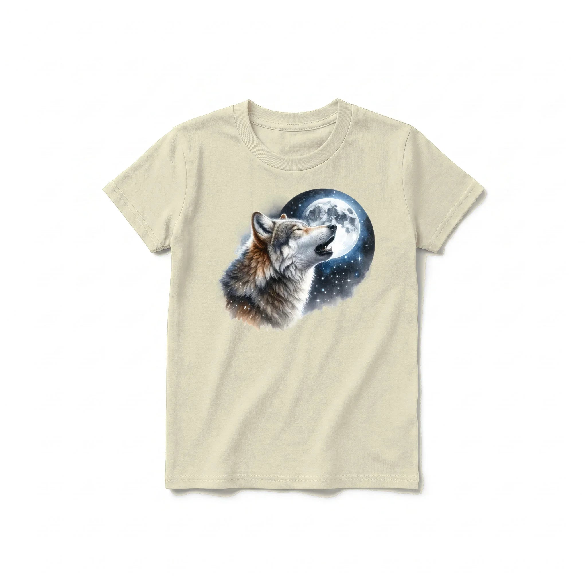 Un T-shirt latte à manches courtes et col rond pour jeune, orné d'un motif représentant un animal de la faune sur le devant.