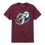 A maroon short-sleeve crewneck t-shirt for adult featuring a graphic of a wildlife animal on the front.