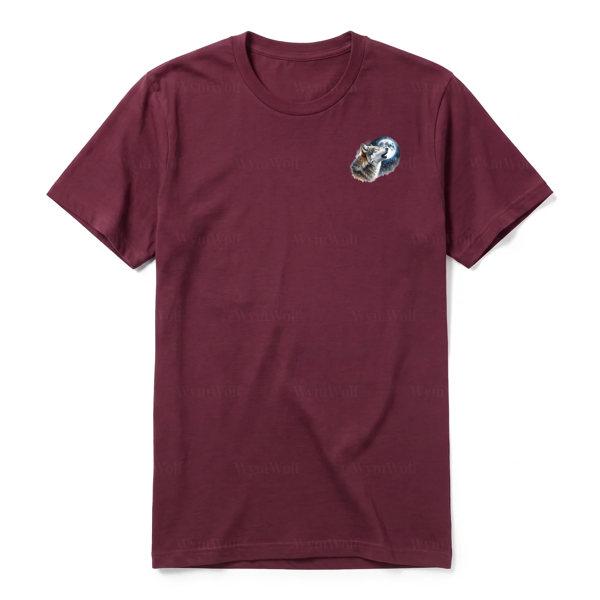 A maroon short-sleeve crewneck t-shirt for adult featuring a graphic of a wildlife animal on the left chest.