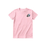 A pink short-sleeve crewneck t-shirt for youth featuring a graphic of a wildlife animal on the left chest.