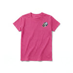 A raspberry short-sleeve crewneck t-shirt for youth featuring a graphic of a wildlife animal on the left chest.