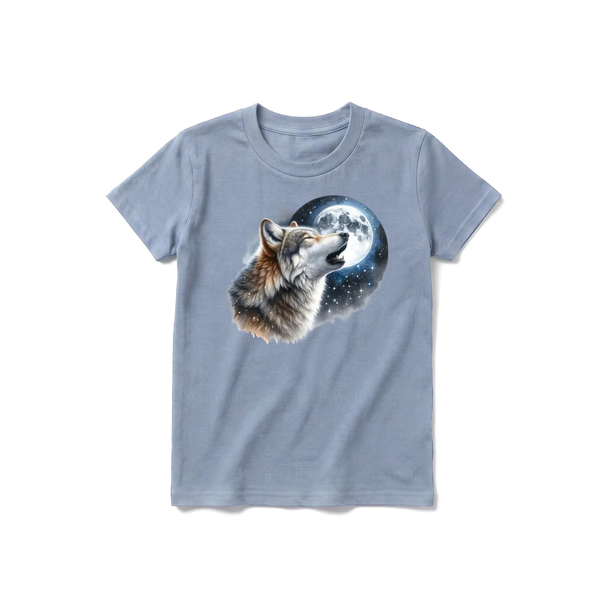 A steel-blue short-sleeve crewneck t-shirt for youth featuring a graphic of a wildlife animal on the front.
