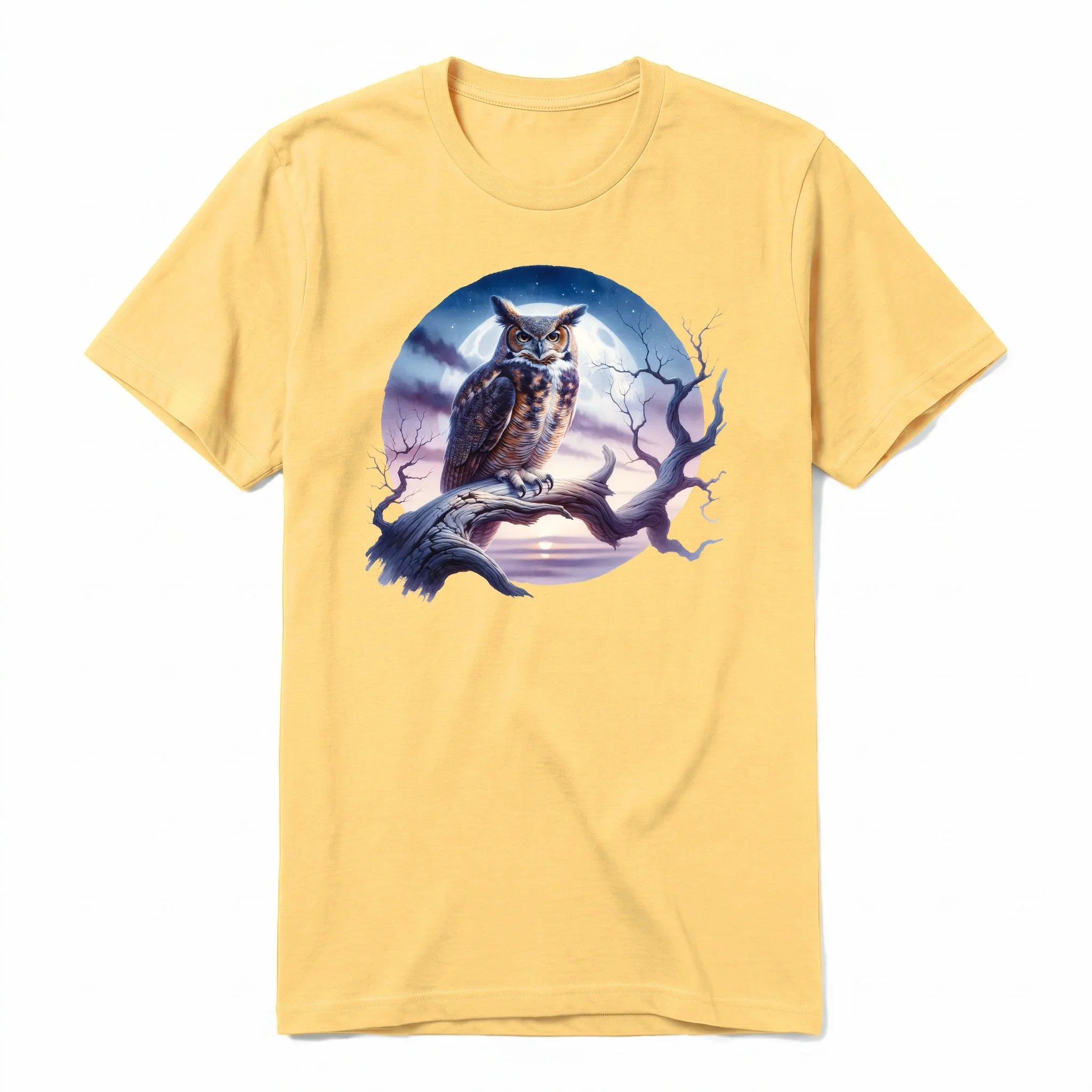A mustard short-sleeve crewneck t-shirt for adult featuring a graphic of a wildlife animal on the front.