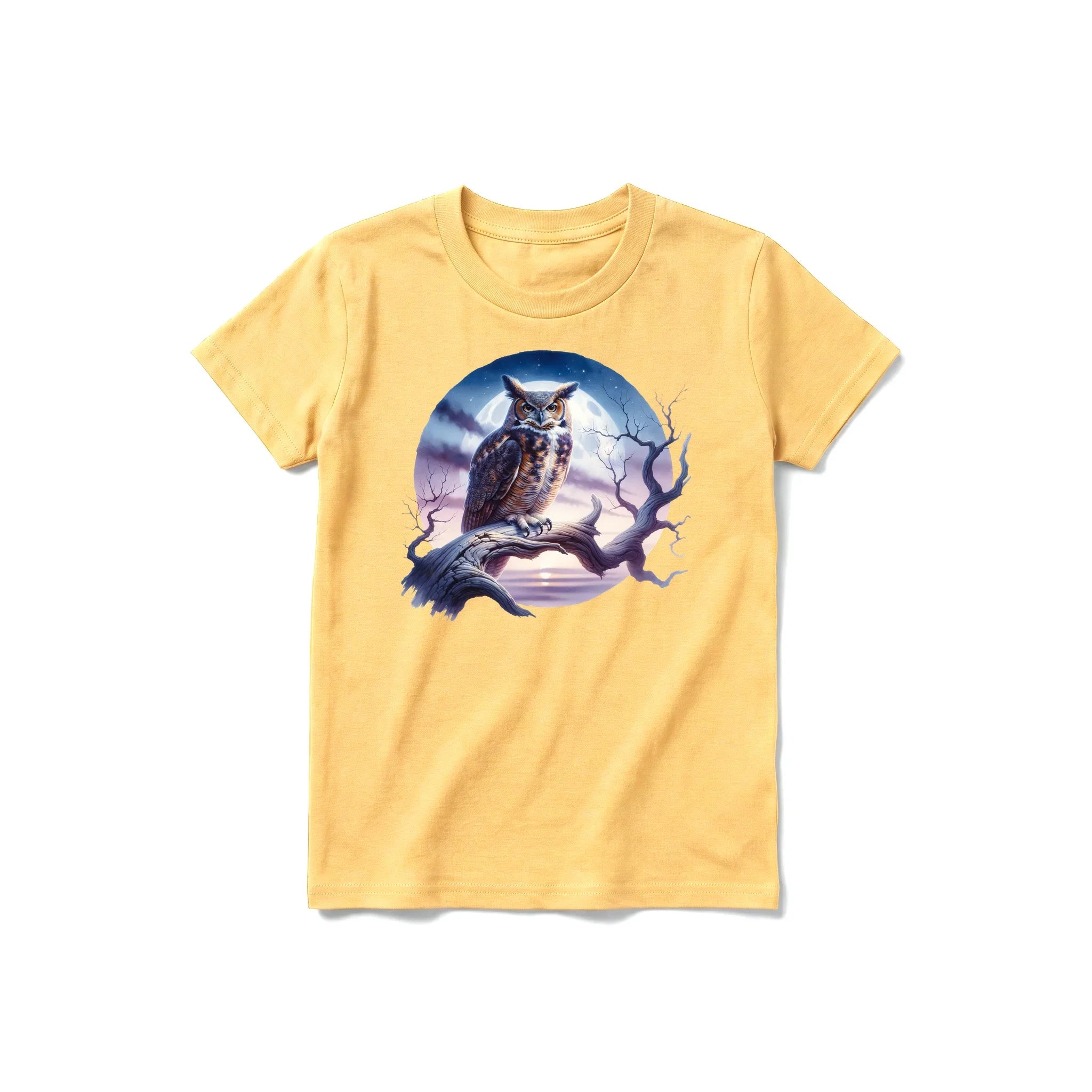 A mustard short-sleeve crewneck t-shirt for youth featuring a graphic of a wildlife animal on the front.