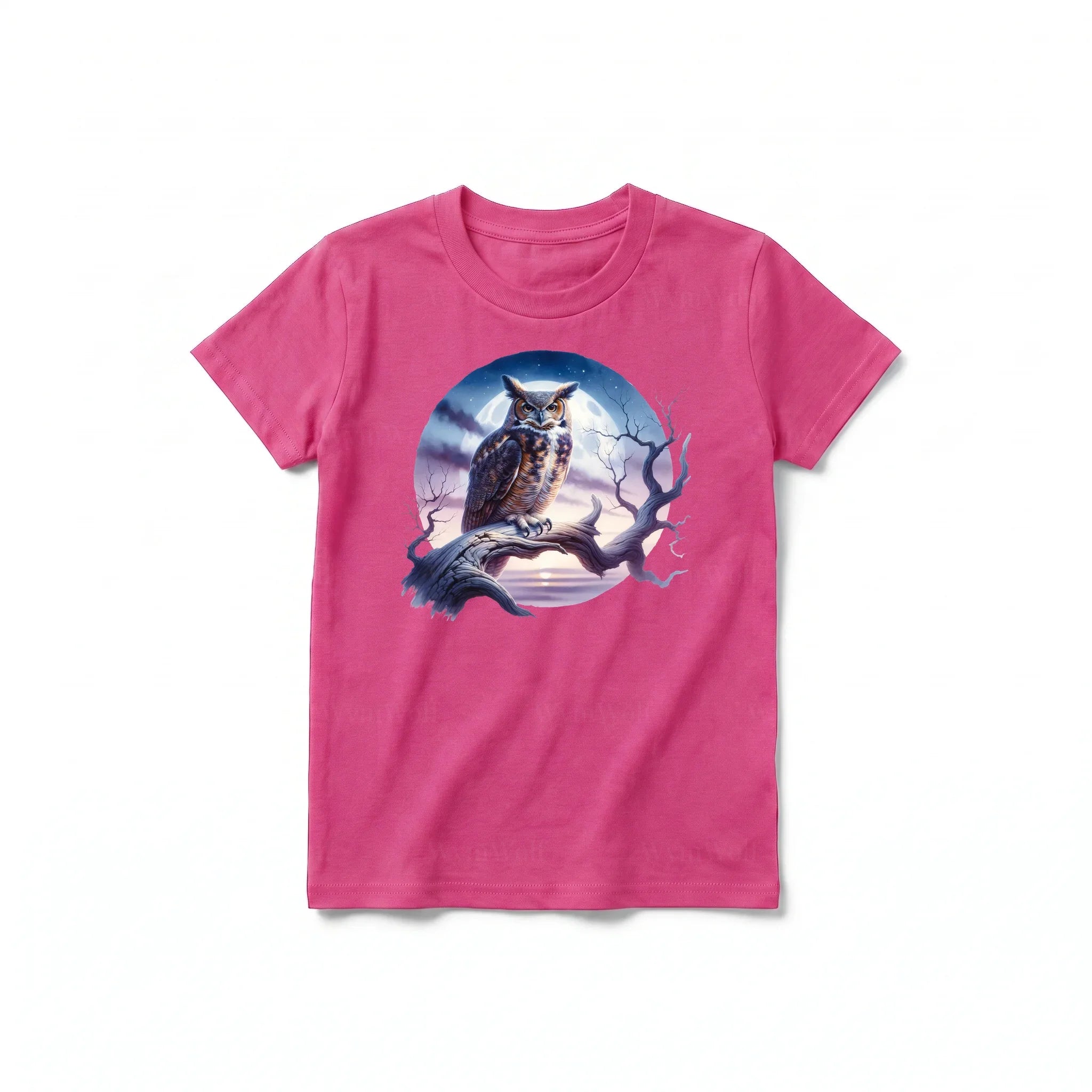 A raspberry short-sleeve crewneck t-shirt for youth featuring a graphic of a wildlife animal on the front.