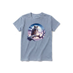 Un T-shirt steel-blue à manches courtes et col rond pour jeune, orné d'un motif représentant un animal de la faune sur le devant.