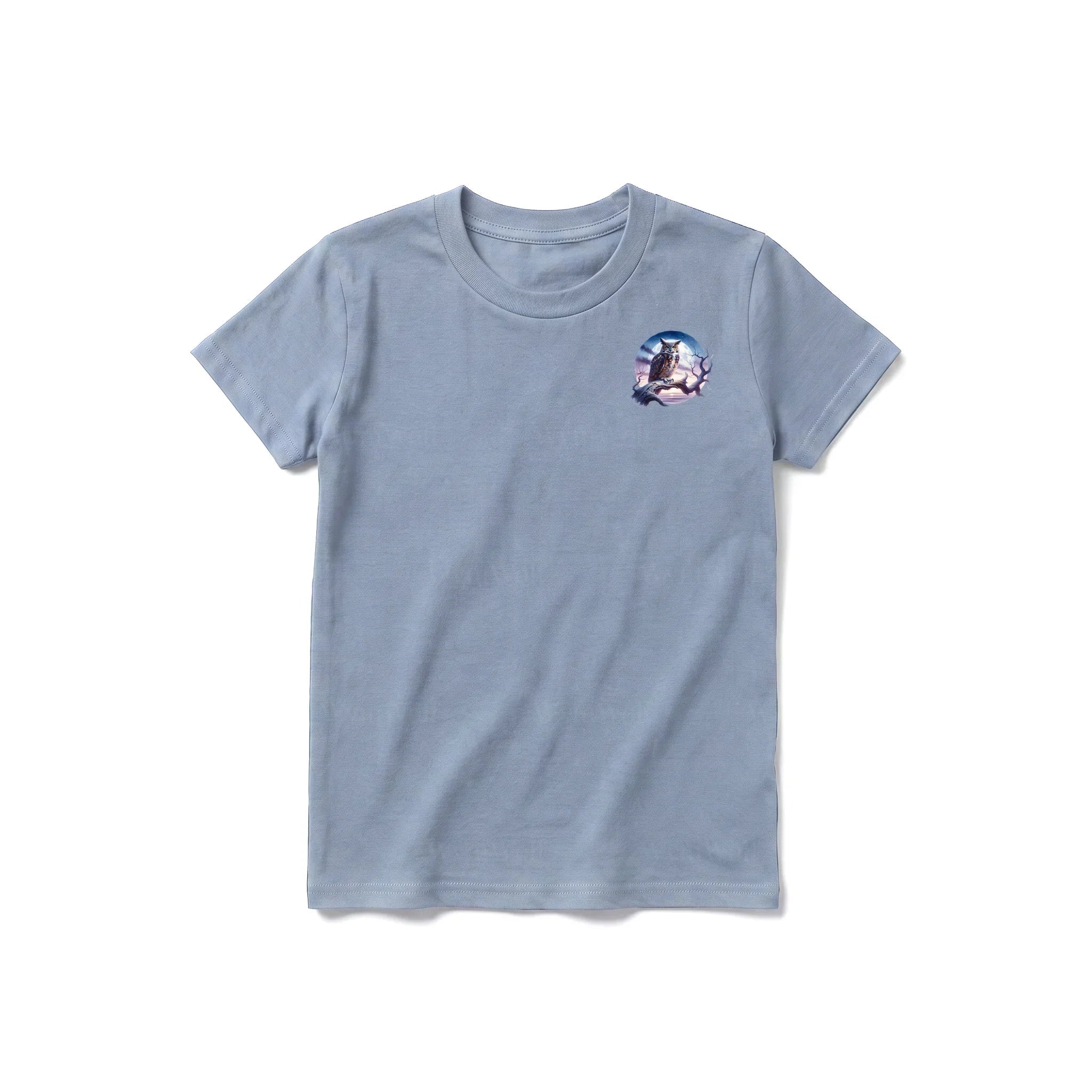 Un T-shirt steel-blue à manches courtes et col rond pour jeune, orné d'un motif représentant un animal de la faune sur la poitrine gauche.