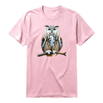 A pink short-sleeve crewneck t-shirt for adult featuring a graphic of a wildlife animal on the front.